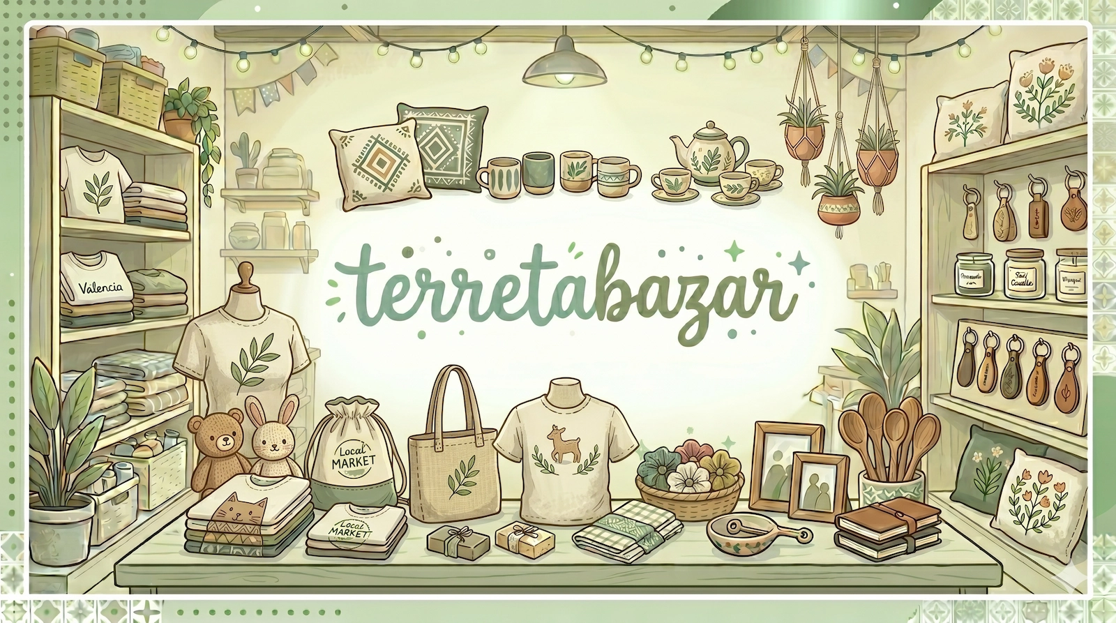 Ilustración del taller de terretabazar con peluches, bolsas de tela y cojines
