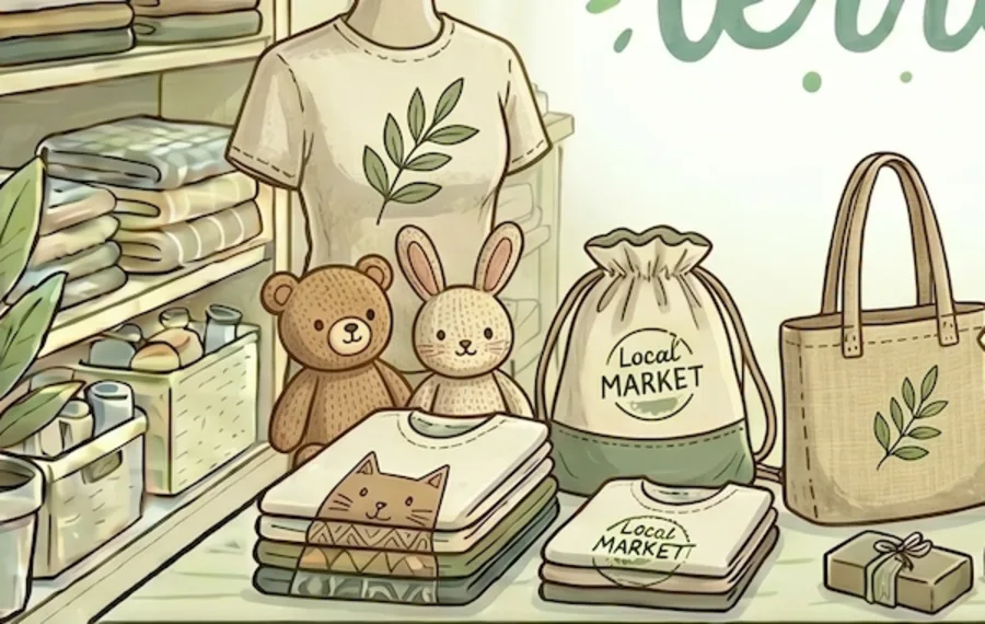 Detalle de la ilustración del taller: peluches, bolsas de tela y camisetas